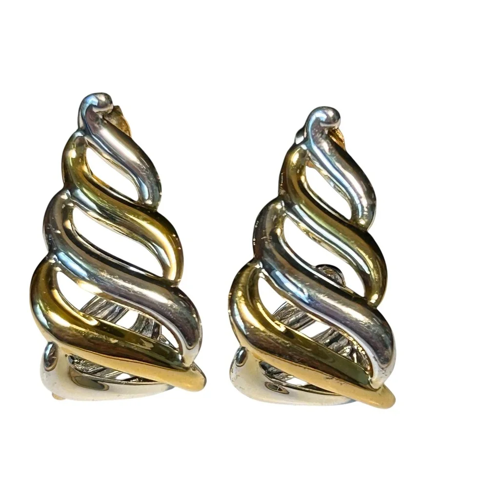Two Tone Gold Silver Swirl Statement Earrings Modern Jewelry Vintage‎